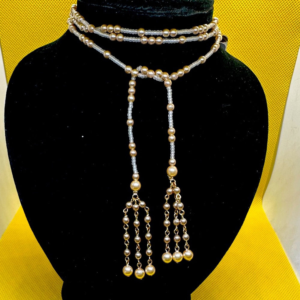 Vintage Catherine Stein lariat wrap necklace - gold, pearl, beads